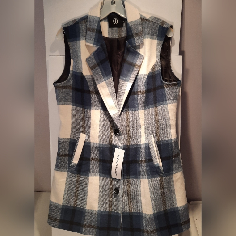 Plaid Sleeveless Coat - Blue, Grey and White